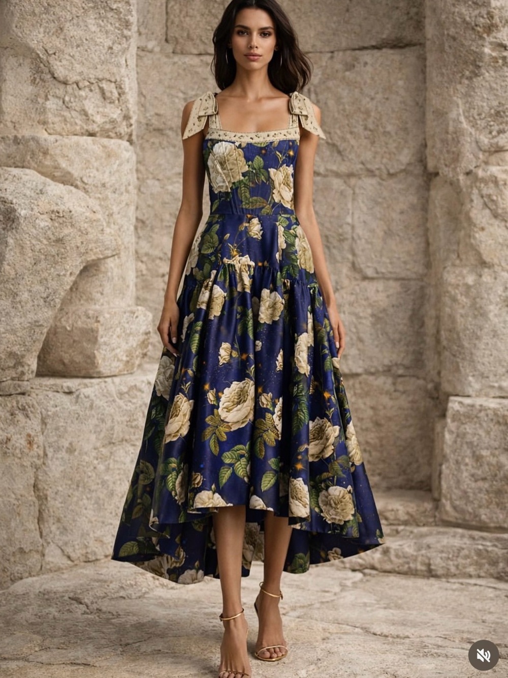 Alice + Olivia Navy and Cream Floral Midi Dress